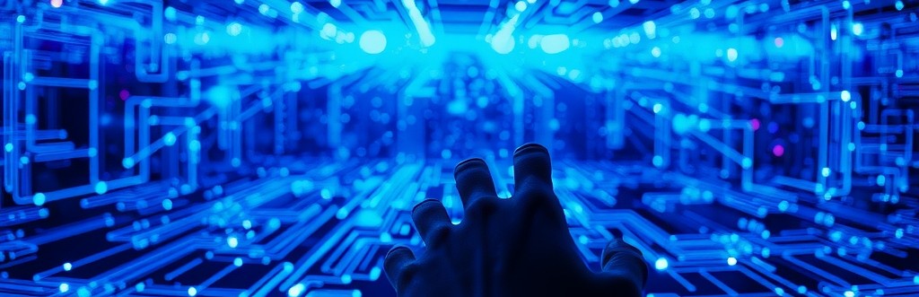 Réseau lumineux bleu technologique — automatisation et intelligence artificielle
